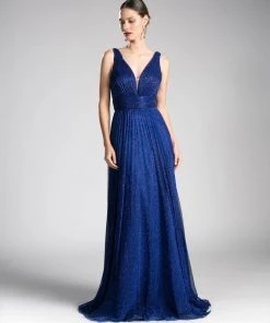 Pleated Long Metallic V-Neck Dress By Cinderella Divine UT261 Prom 22 Pleated Long Metallic V-Neck Dress By Cinderella Divine UT261 Prom