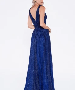 Pleated Long Metallic V-Neck Dress By Cinderella Divine UT261 Prom