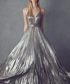 Prom Pleated Long V-Neck Metallic Dress By Juliet 226