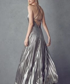 Prom Pleated Long V-Neck Metallic Dress By Juliet 226