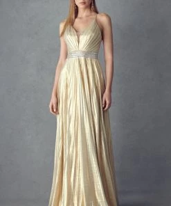 Prom Pleated Long V-Neck Metallic Dress By Juliet 226