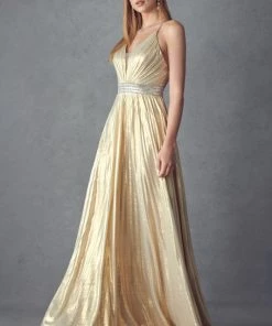 Prom Pleated Long V-Neck Metallic Dress By Juliet 226