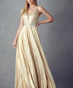 Prom Pleated Long V-Neck Metallic Dress By Juliet 226