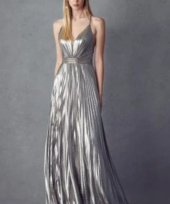 Prom Pleated Long V-Neck Metallic Dress By Juliet 226