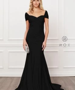 Pleated Off Shoulder Mermaid Gown By Nox Anabel E497