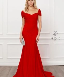 Pleated Off Shoulder Mermaid Gown By Nox Anabel E497
