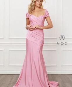Pleated Off Shoulder Mermaid Gown By Nox Anabel E497