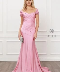 Pleated Off Shoulder Mermaid Gown By Nox Anabel E497