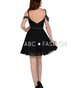 Prom Pleated Short Cold Shoulder Dress With Beaded Straps By Poly USA 8028