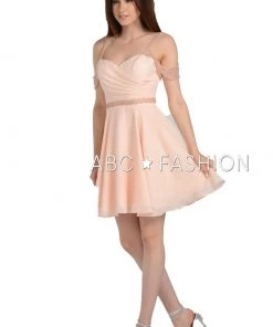 Prom Pleated Short Cold Shoulder Dress With Beaded Straps By Poly USA 8028