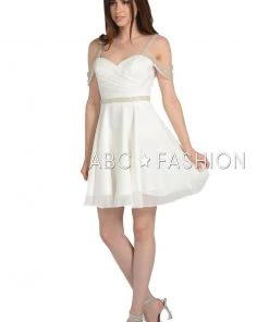 Prom Pleated Short Cold Shoulder Dress With Beaded Straps By Poly USA 8028