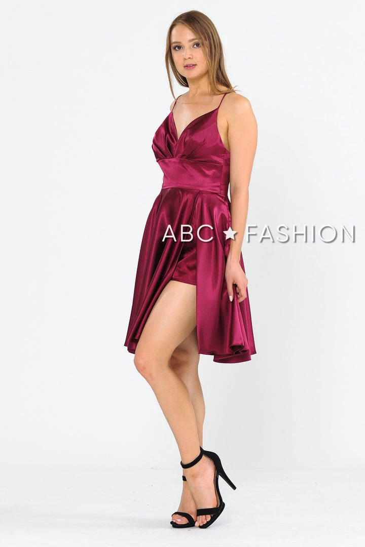 Prom Pleated Short V-Neck Dress With Shorts By Poly USA 8536 6 Prom Pleated Short V-Neck Dress With Shorts By Poly USA 8536