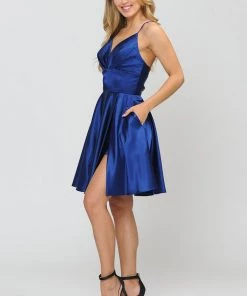 Prom Pleated Short V-Neck Dress With Shorts By Poly USA 8536