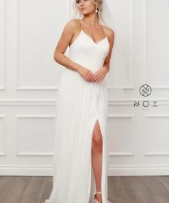 Pleated V-Neck Chiffon Gown By Nox Anabel R477 Prom