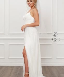 Pleated V-Neck Chiffon Gown By Nox Anabel R477 Prom