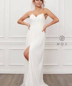 Pleated V-Neck Chiffon Gown By Nox Anabel R477 Prom
