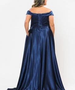 Poly USA Plus Size Prom Plus Size Embroidered Long Off Shoulder Dress By Poly USA W1064