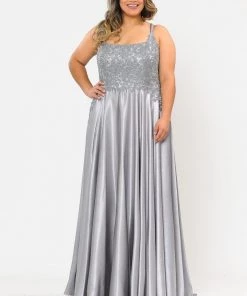 Poly USA Plus Size Plus Size Embroidered Long Satin A-line Dress By Poly USA W1094