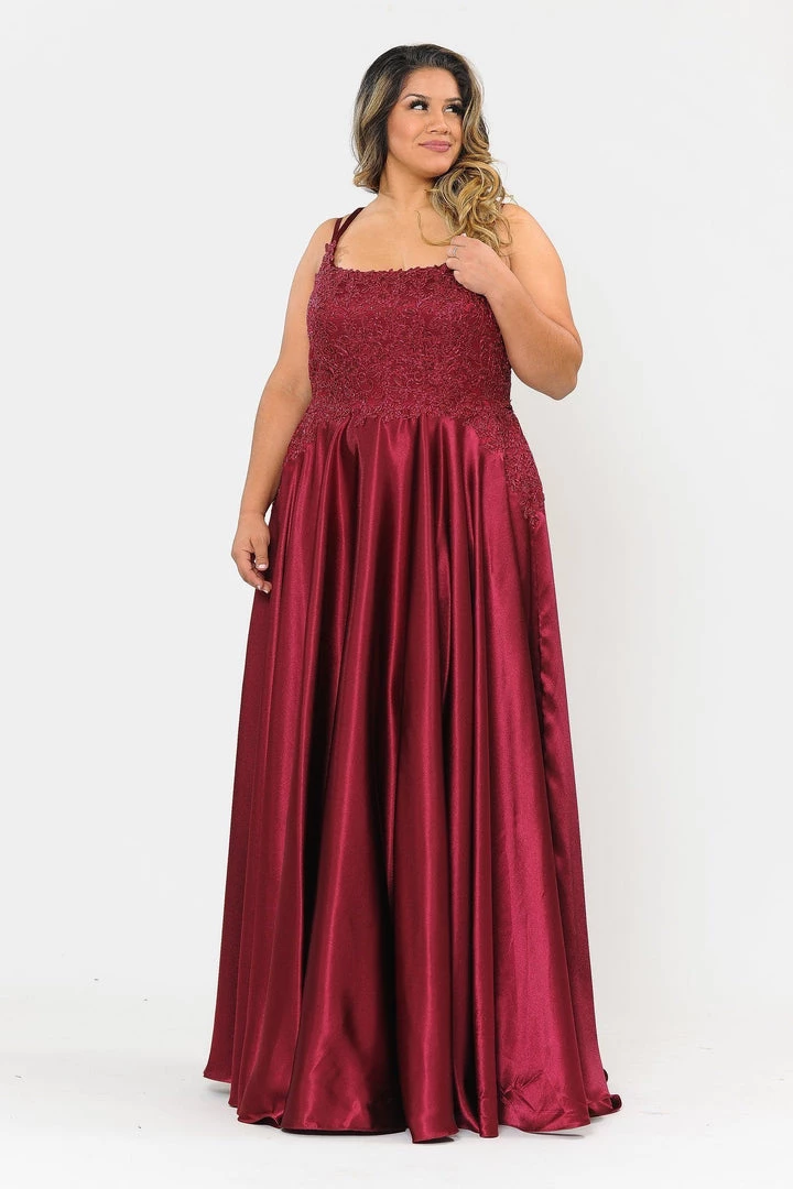 Poly USA Plus Size Plus Size Embroidered Long Satin A-line Dress By Poly USA W1094 14 Poly USA Plus Size Plus Size Embroidered Long Satin A-line Dress By Poly USA W1094