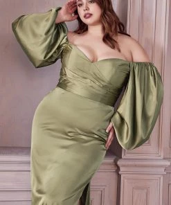 Plus Size Fitted Long Sleeve Satin Gown By Cinderella Divine 7482C