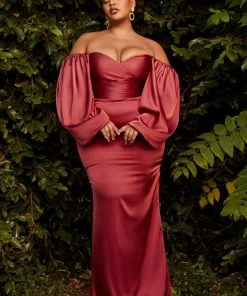 Plus Size Fitted Long Sleeve Satin Gown By Cinderella Divine 7482C