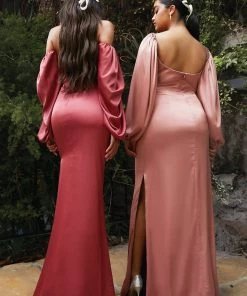 Plus Size Fitted Long Sleeve Satin Gown By Cinderella Divine 7482C