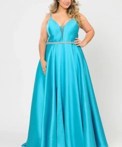 Poly USA Plus Size Plus Size Long Deep V-Neck Mikado Dress By Poly USA W1106