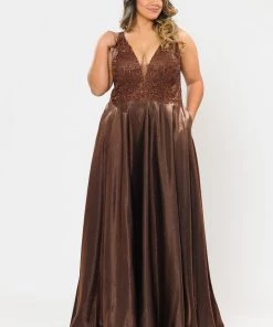 Poly USA Plus Size Plus Size Long Embroidered Bodice Satin Dress By Poly USA W1032