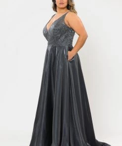 Poly USA Plus Size Plus Size Long Embroidered Bodice Satin Dress By Poly USA W1032