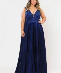 Poly USA Plus Size Plus Size Long Embroidered Bodice Satin Dress By Poly USA W1032