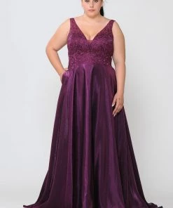 Poly USA Plus Size Plus Size Long Embroidered Bodice Satin Dress By Poly USA W1032