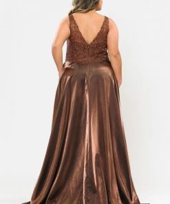 Poly USA Plus Size Plus Size Long Embroidered Bodice Satin Dress By Poly USA W1032