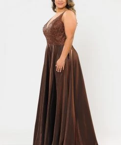 Poly USA Plus Size Plus Size Long Embroidered Bodice Satin Dress By Poly USA W1032