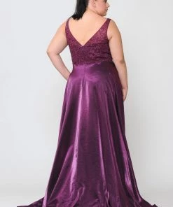Poly USA Plus Size Plus Size Long Embroidered Bodice Satin Dress By Poly USA W1032