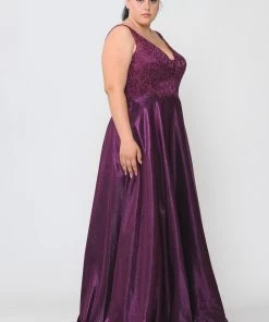Poly USA Plus Size Plus Size Long Embroidered Bodice Satin Dress By Poly USA W1032