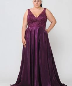 Poly USA Plus Size Plus Size Long Embroidered Bodice Satin Dress By Poly USA W1032