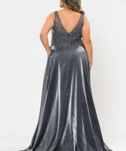 Poly USA Plus Size Plus Size Long Embroidered Bodice Satin Dress By Poly USA W1032