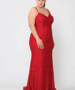 Poly USA Plus Size Plus Size Long Floral Lace V-Neck Dress By Poly USA W1090 Prom