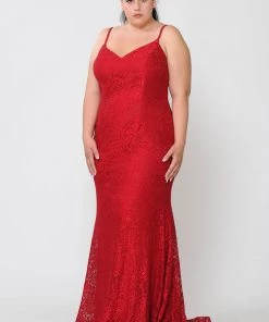 Poly USA Plus Size Plus Size Long Floral Lace V-Neck Dress By Poly USA W1090 Prom