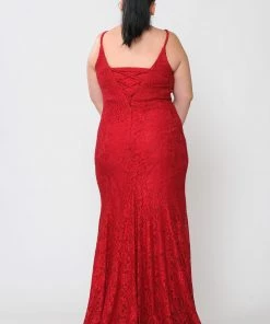 Poly USA Plus Size Plus Size Long Floral Lace V-Neck Dress By Poly USA W1090 Prom