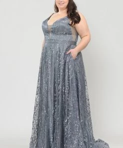 Poly USA Plus Size Prom Plus Size Long Glitter Mesh Dress By Poly USA W1004