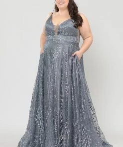 Poly USA Plus Size Prom Plus Size Long Glitter Mesh Dress By Poly USA W1004
