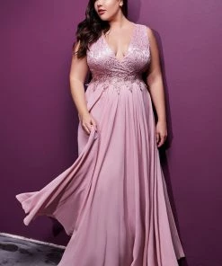 Plus Size Long Lace Bodice Dress By Cinderella Divine S7201