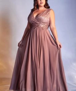 Plus Size Long Lace Bodice Dress By Cinderella Divine S7201