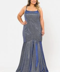 Poly USA Plus Size Plus Size Long Metallic Glitter Fitted Dress By Poly USA W1102 Prom