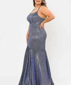 Poly USA Plus Size Plus Size Long Metallic Glitter Fitted Dress By Poly USA W1102 Prom