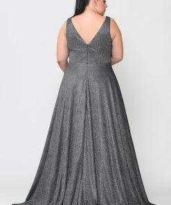 Poly USA Plus Size Plus Size Long Metallic Glitter V-Neck Dress By Poly USA W1036