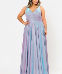 Poly USA Plus Size Plus Size Long Metallic Glitter V-Neck Dress By Poly USA W1036
