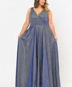 Poly USA Plus Size Plus Size Long Metallic Glitter V-Neck Dress By Poly USA W1036