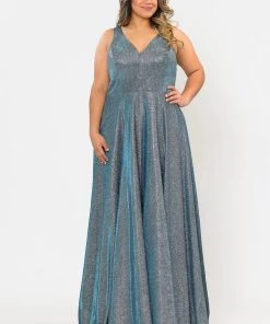 Poly USA Plus Size Plus Size Long Metallic Glitter V-Neck Dress By Poly USA W1036